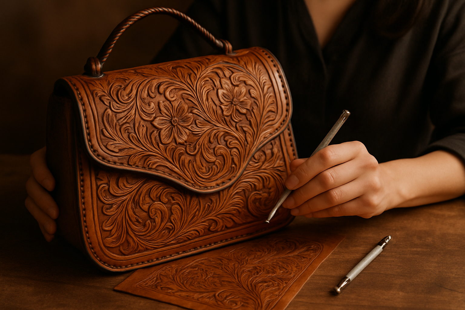 timeless handmade tooled leather bags made by woman